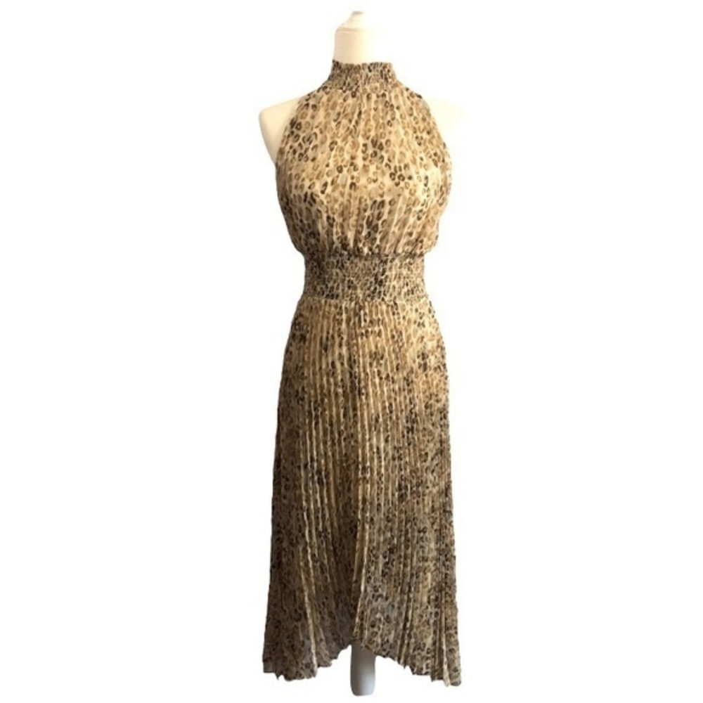 Olivaceous Animal Print Pleated Halter Midi Dress Size Small NWT